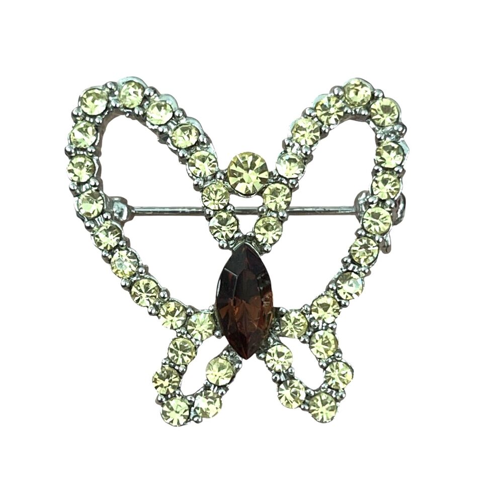 Vintage 1970s Rhinestone Butterfly Brooch Marquise Center Silver Tone Pin - 3P